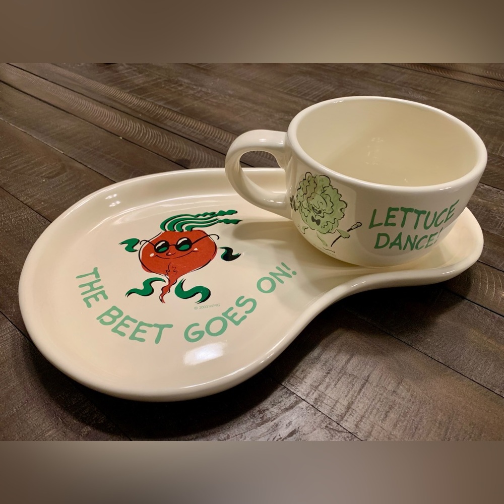 Funny plate & mug “BEET GOES ON” and “LETTUCE DANCE” stoneware lunch dinner set